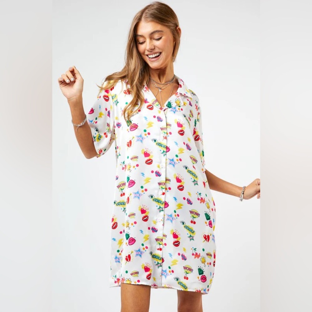 DAVI & DANI Pop Art Graphic Print Short Sleeve Button-Up Shirt Dress EUC